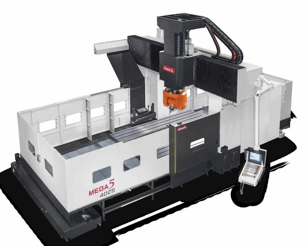 Series MEG Maximum Performance ridge Type 5-xis Machining enters omplete product line, fixed column bridge type machining center structure along with high performance dual axis milling head can