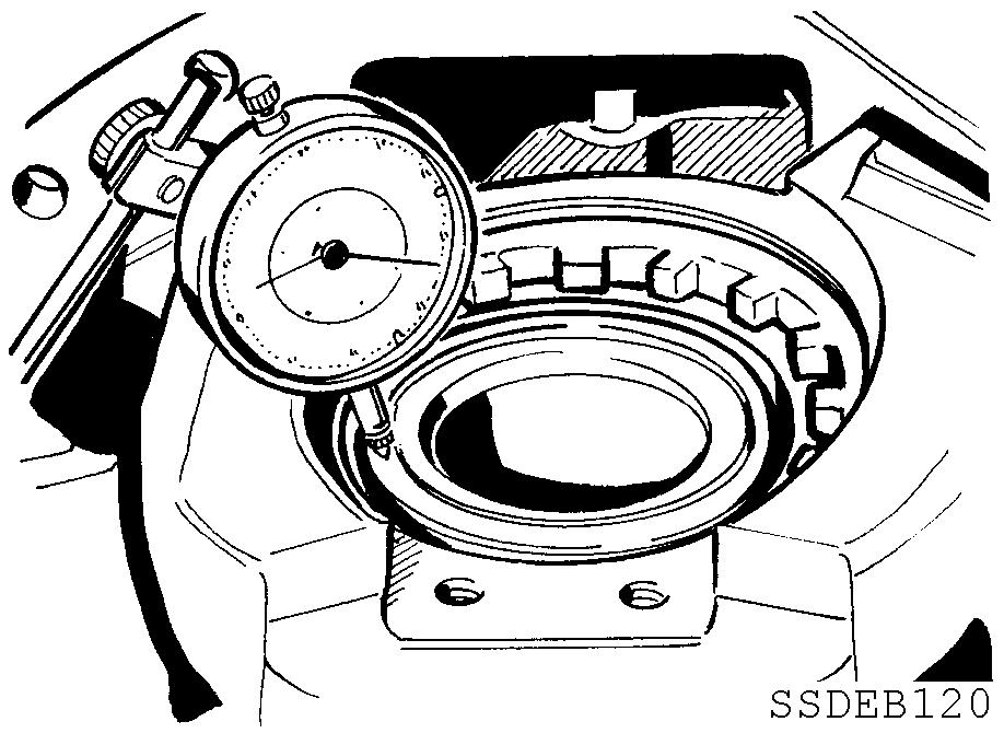 15. Place the indicator of the dial gauge against the inner race of the upper bearing. Turn the axle a couple of times and zero the dial. Turn the drive gear 180 on the trestle.