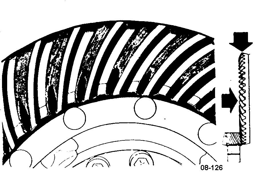 21. If contact is on the tension side of the crown wheel on the inner race (and on the trailing side on the outer race), the crown wheel must be shifted closer to the drive pinion