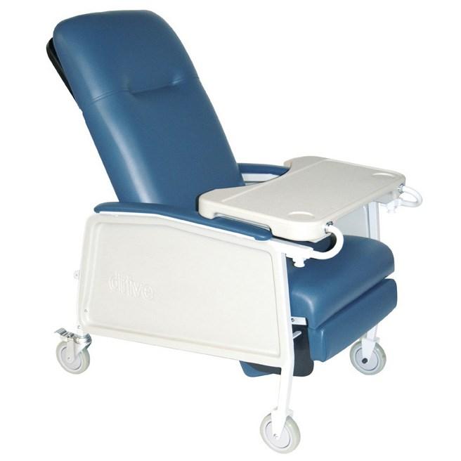 GERI CHAIRS Drive Three-Position Reclining Geri Chair 3 positions: upright, deep recline and elevated legrest/footrest. Retractable lock bar secures the chair in the desired position.