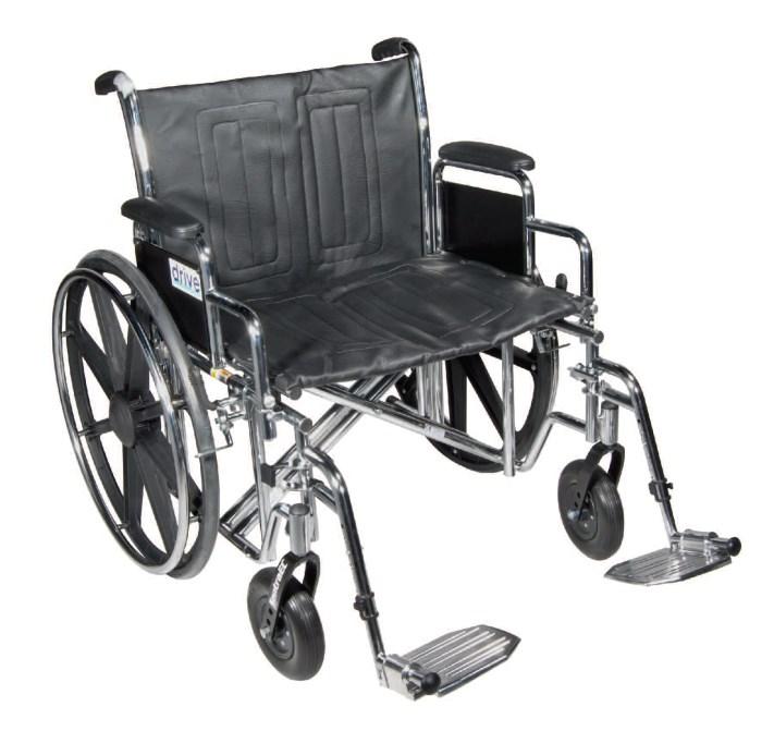 WHEELCHAIRS Drive Sentra EC Heavy Duty Carbon steel frame with triple coated chrome. Double embossed vinyl upholstery is durable and easy to clean. Dual axle positions. Weight capacity 450 lbs.
