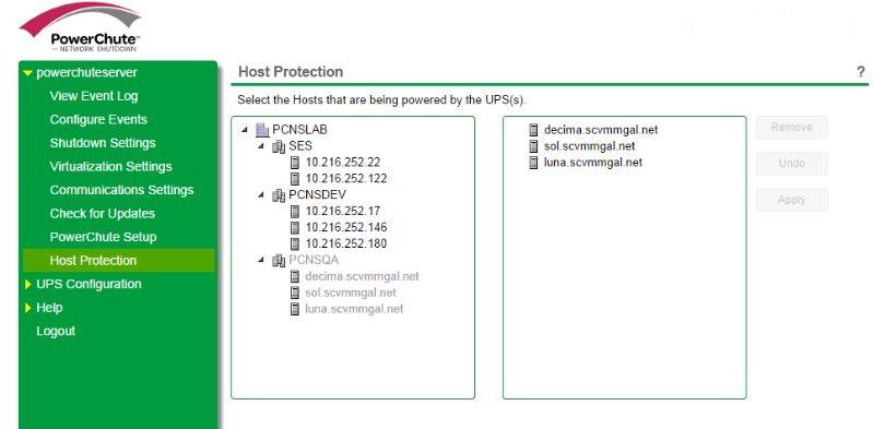 VMware Configuration VMware Host Protection Once connected to vcenter Server, PowerChute displays all of the VMware hosts in the inventory in a tree view (similar to what you see using vsphere