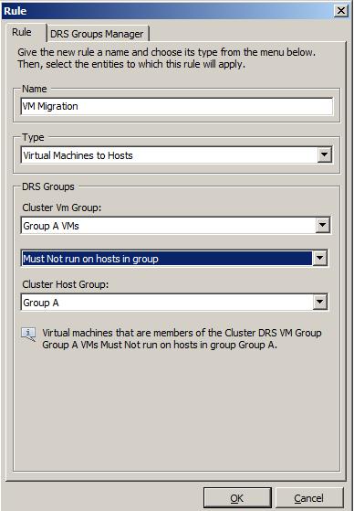 For example, to prevent VMs from being migrated to Hosts in the Host DRS Group created in step 4, select Must Not run on hosts in group.