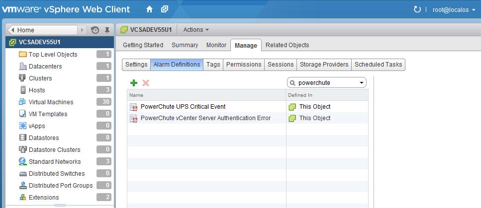 VMware Configuration PowerChute vcenter Server Alarms Enabling either of the vsphere plug-in options also creates two custom PowerChute vcenter Server Alarms.
