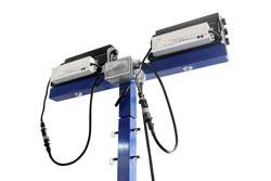 flood beam spread and a light output of 29,580 lumens. This work light consists of two 150 Watt LED lamps mounted on a portable wheeled steel tower.