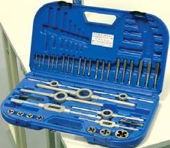 Threading bits, taps, cone drills Ratchet wrenches for right-hand and left-hand action HSS Tap set Contents: hand tap (DIN 352) M 3, 4, 5, 6, 8, 10, 12 Dies (DIN 223) M 3, 4, 5, 6, 8,