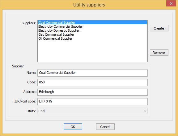 2.1. Utility suppliers This window allows the user to manage the suppliers for any utility and at least one supplier is needed in order to create tariffs.