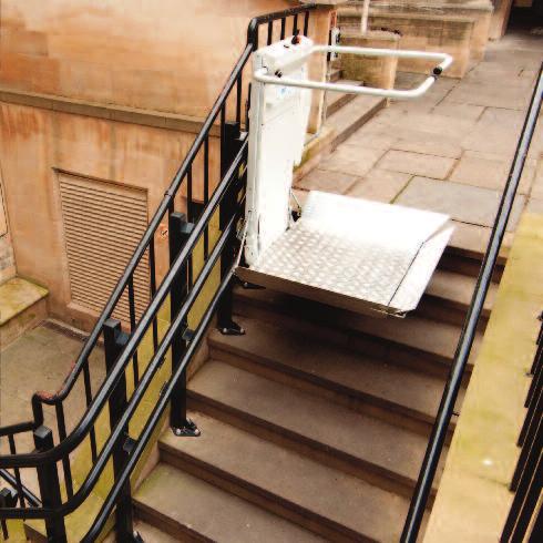 When the wheelchair platform stairlift is not in use it folds neatly away to leave the stairway free for pedestrian use ideal for a busy building where space is at a premium.