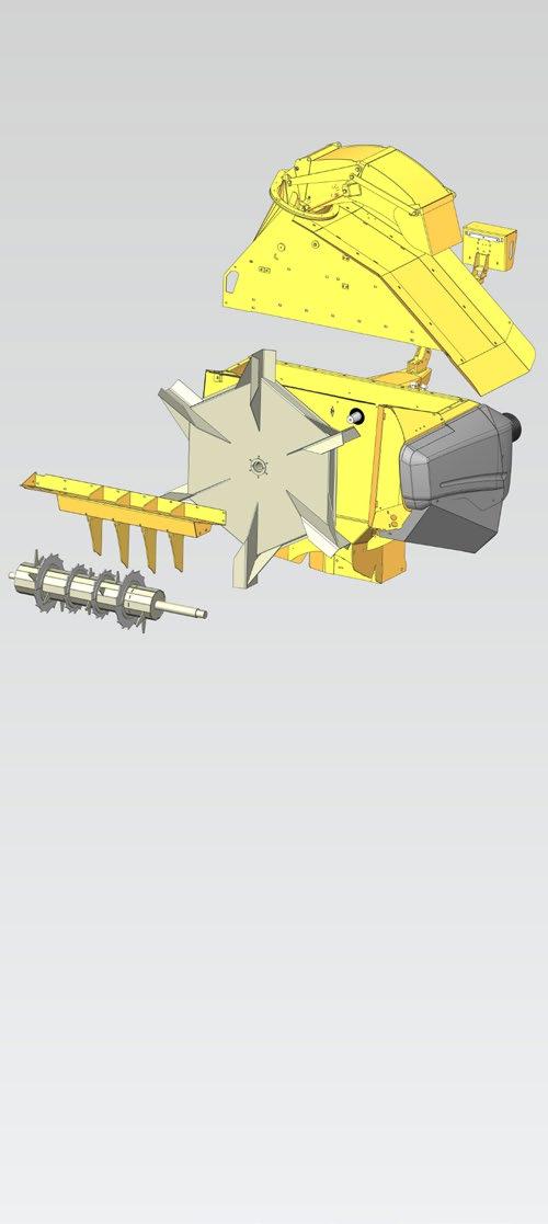 Mechanical bale separator with teeth combined with a fixed comb which feed the material with regularity into the turbine. Welded flywheel Ø 1.6 m 6 blowing paddles.