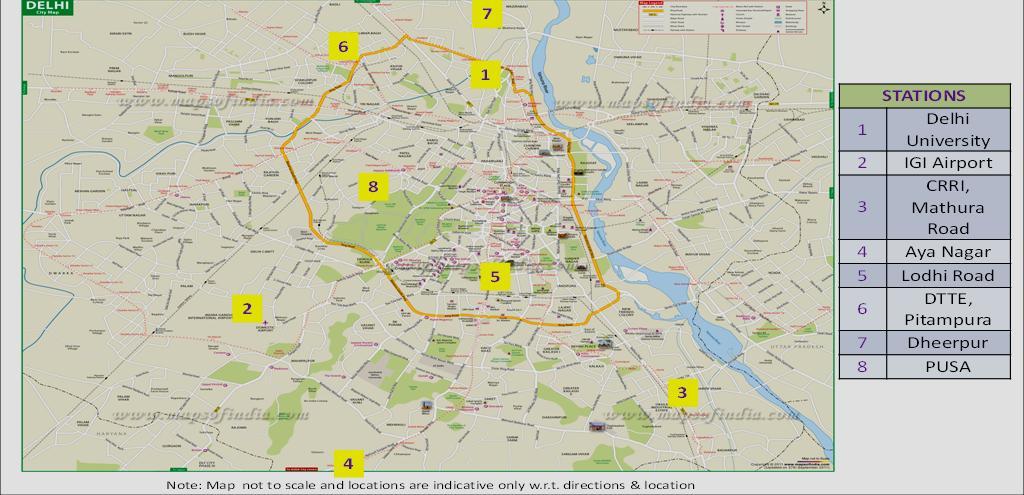 Spatial location of Stations : DPCC SPATIAL LOCATION OF CONTINOUS AMBIENT AIR QUALITY MONITORING STATIONS IN DELHI OPERARTED BY DPCC STATIONS 4 Q 2 1 1 Anand Vihar 2 Mandir Marg 3 R.K.