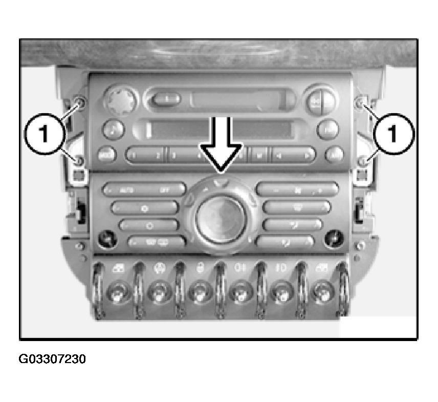 Fig. 1: Locating Radio Receiver Retaining Screws 2006 MINI Cooper 2002-05 ACCESSORIES & EQUIPMENT Audio, Navigation & Anti-Theft Systems - Repair Instructions - Cooper (1.