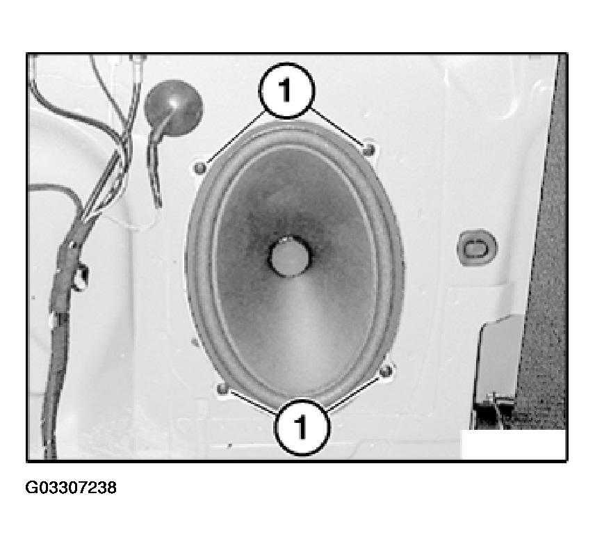 Fig. 5: Identifying Rear Speaker Retaining Screws 65 13 100 REMOVING AND INSTALLING/REPLACING TWEETER Remove door trim panel.