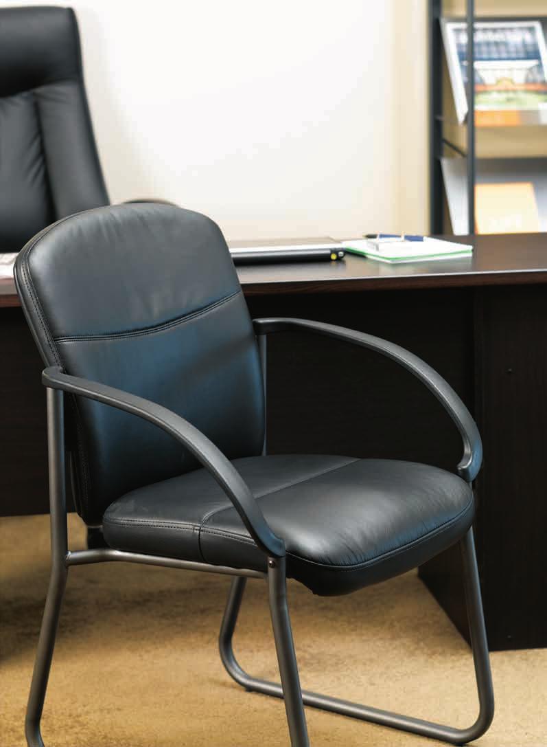 KINGSTON CHAIR Make a good impression on your visitors with this leather seated and chrome skid base chair with black moulded arms and an extra wide seat and back.
