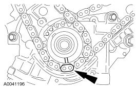 All engines 19. Position the RH (outer) timing chain on the crankshaft sprocket, aligning the copper (marked) link with the timing mark on the sprocket. 20.
