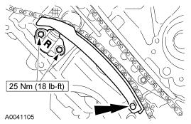 Engines with ratcheting timing chain tensioners 22. Remove the retaining clip from the RH timing chain tensioner. Engines with non-ratcheting timing chain tensioners 23.