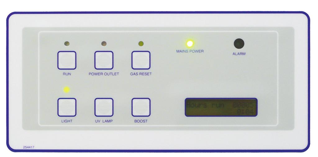 Operation 1 2 3 8 9 Control Panel 1. Fan/post-use over-run switch 2. Power outlet switch 3. Gas reset switch* 4. Fluorescent light switch 5. UV lamp switch* 6. Boost mode switch 7. Display panel 8.