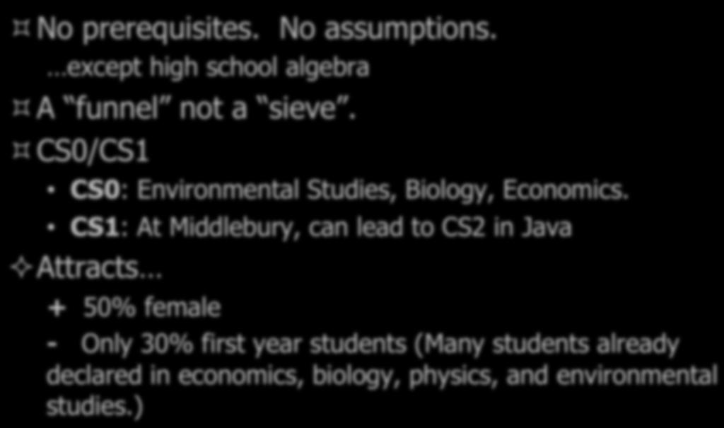 A First-Year Course based on ³ No prerequisites. No assumptions. except high school algebra ³ A funnel not a sieve. ³ CS0/CS1 MAS and NetLogo CS0: Environmental Studies, Biology, Economics.