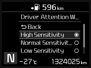 Low: DAW system alerts the driver of his/her fatigue level or inattentive driving practices later than Normal mode. Normal: Alerts the driver for his/ her fatigue level or attentiveness.
