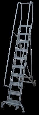 Rubber pads on the front legs hold the ladder secure during use. 5 to 9 step ladders are moved by tilting and rolling it like a wheelbarrow.