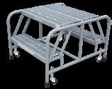 Rubber tips on all four legs. Series PC ladders meet applicable OSHA and ANSI standards. 20"Dx30"W lift table. 24" wide expanded metal steps. 8LTL 20" deep top step. 42" guardrails.
