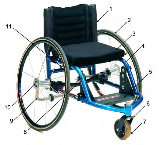 OVERVIEW - Bambino (Figure 2) 1. Backrest 2. Drive wheel 3. Seat/cushion 4. Chassis 5. Foot plate 6. Caster 7. Front fork 8. Push rim 9. Anti-tip device 10. Rear axle 11. Quick release hub 12.