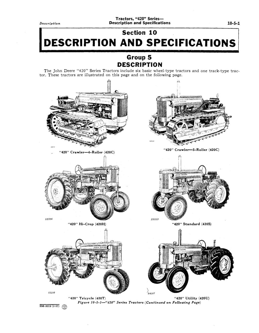 Description Tractors, "420" Series Description and Specifications Section 10 DESCRIPTION AND SPECIFICATIONS 10-5-1 Group 5 DESCRIPTION The John Deere "420" Series Tractors include six basic