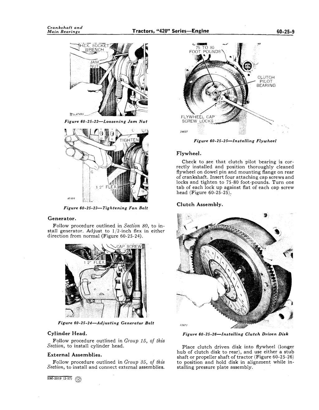 Crankshaft and Main Bearings Tractors, "420" Series-Engine 60-25-9 CLUTCH PILOT BEARING Figure 60-25-22-Loosening Jam Nut Figure 60-2S-25-lnstalling Flywheel Flywheel.