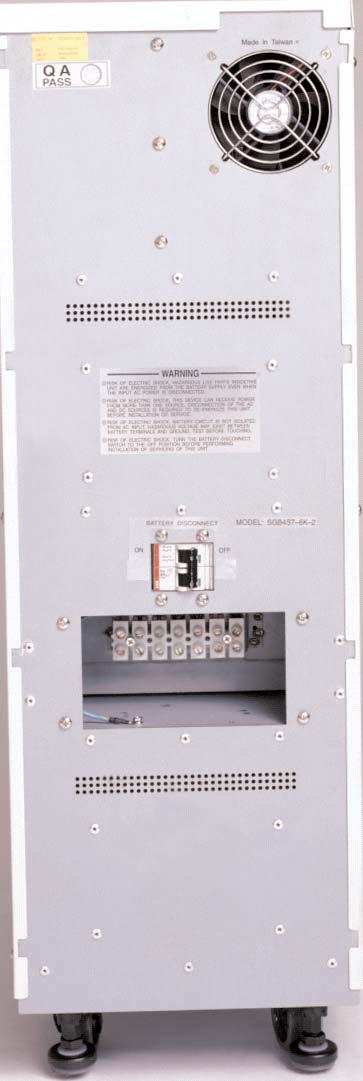 SG5 & 6kVA Extended Battery Bank Rear Panel Details (Hardwire Model Shown) COOLING FAN DO NOT BLOCK For all Input/Output wiring USE COPPER CONDUCTORS ONLY Battery Disconnect & Circuit Breaker USE