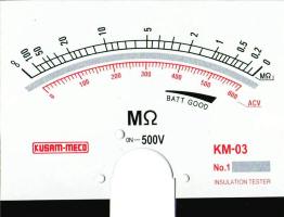AC Voltage measurement Accuracy within ±5% of max. Scale value. Terminal- to- Terminal Voltage ± 10% of rated Voltage at "0" Megaohms scale. About 90% of rated Voltage at Center scale.