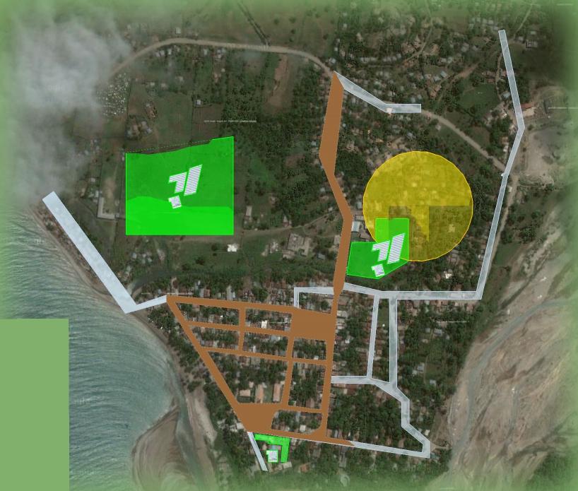 Potential locations for the generation system (PV farm and genset) in green Customers to be served by the grids and power limits An estimated location of customers is provided in the map and will be