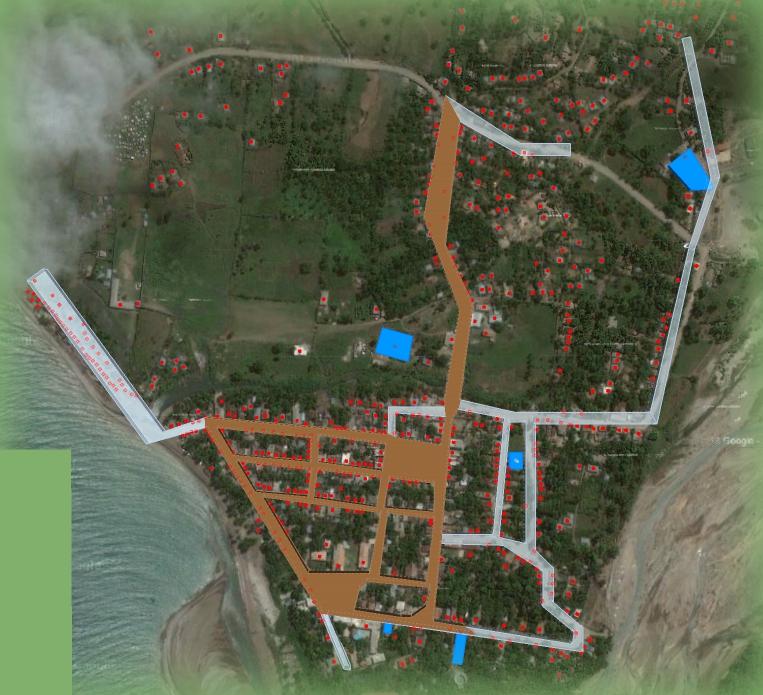 A first count of buildings in the zone shows approximately 500 of them in the service zone (in red).