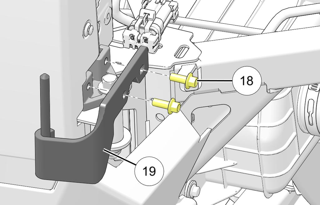 6. Install lower LH hinge 1( to chassis using two each screws l. Center hinge over screw holes in vehicle, then partially tighten screws. Do not fully tighten screws at this time. 9.