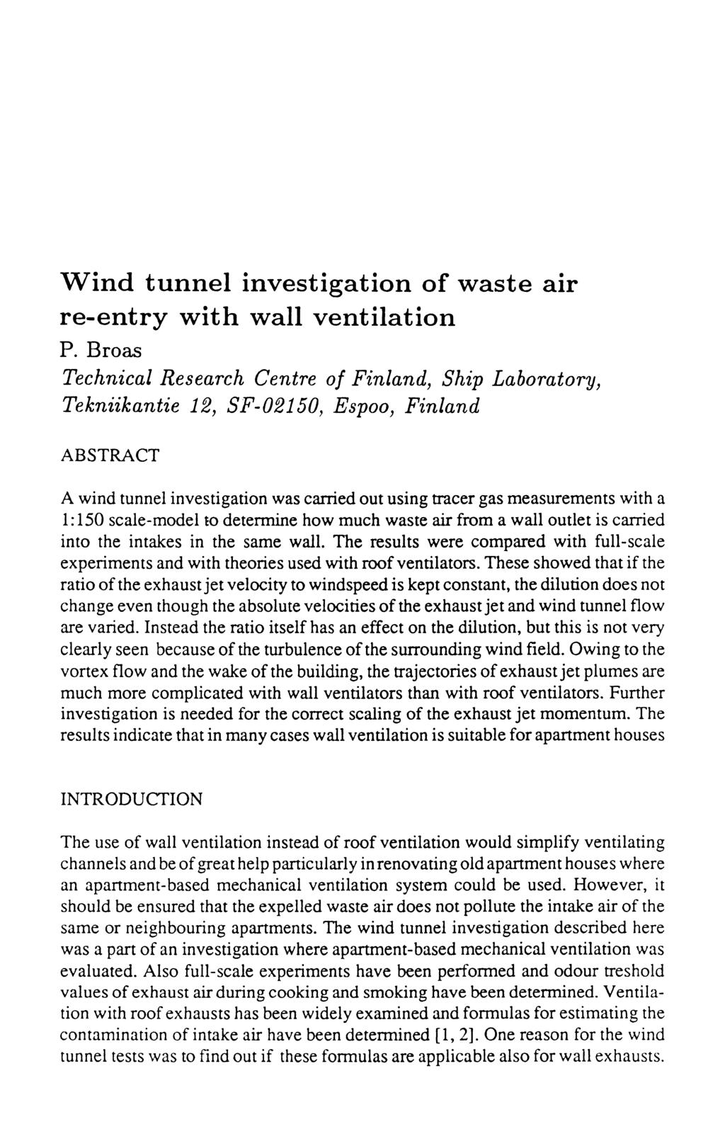 Wind tunnel investigation of waste air re-entry with wall ventilation P.
