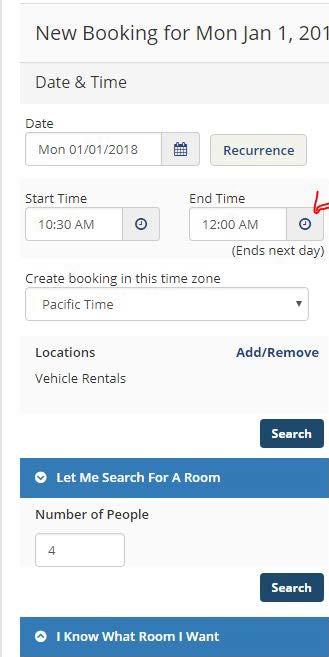CREATING AN OVERNIGHT RENTAL First follow the steps found on pages 3-4. For the first day of your reservation make the end time 12:00 AM. Once again, remember TO NOT CHANGE THE NUMBER OF PEOPLE.