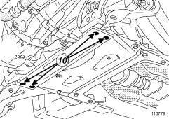 FRONT AXLE COMPONENTS Front axle subframe: Removal - Refitting 31A EQUIPMENT LEVEL EAC or EQUIPMENT LEVEL SPORT 116779 - the sub-frame stiffener nuts (10), - the sub-frame stiffener.