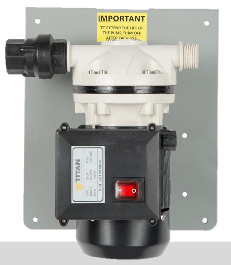 TD1 Features & Benefits: Great performance and quiet operation Self priming Stainless steel motor shaft Polypropylene housing Reliable EPDM diaphragm Viton check valve Flow rate 6-9 GPM 115V 60Hz,.