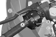 Left Handlebar Switches A. Dimmer Switch B. Turn Signal Switch C. Horn Button D. Passing Button Dimmer Switch High or low beam can be selected with the dimmer switch. High beam.