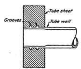 A tube hole is drilled in a tube sheet with slightly greater diameter than the outside diameter of the tube, and two or more grooves are cut in the wall of the hole.