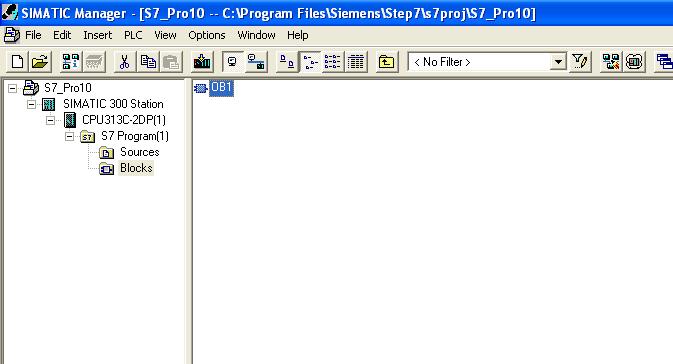 6. The following window will appear. Double click on "OB1" (object 1) shown in Figure 2.7 to start programming. Figure 2.7: SIMATIC S7 first window 7. The programming window shown in Figure 2.