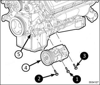 3 1. Position the A/C compressor (4) to the engine (5) and install the 3 bolts loosely.