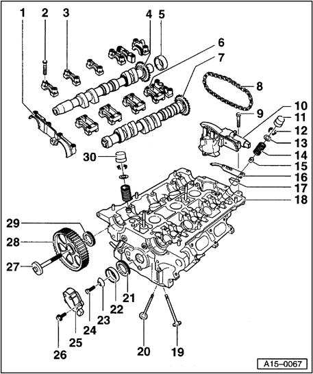 Page 3 of 62 15-3 Cylinder head without oil lines to camshaft bearings 1 - Double bearing cap 2 - Bolt Lightly coat with sealant 454 300 02 A2 before installing page 15-36 10 Nm (7ft lb) 3 - Exhaust