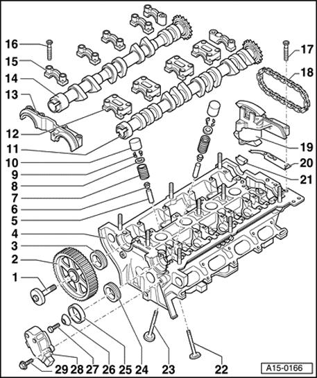 Page 2 of 51 15-33 1 - Bolt 65 Nm (48 ft lb) Use 3036 retainer when loosening or tightening 2 - Camshaft gear For exhaust camshaft Verify correct installation position: thin rib of camshaft gear