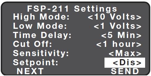 Setpoint: When enabled, the selectable ambient light level threshold that will hold the electric lights off or at LOW level when the sensor detects motion (default is disabled).