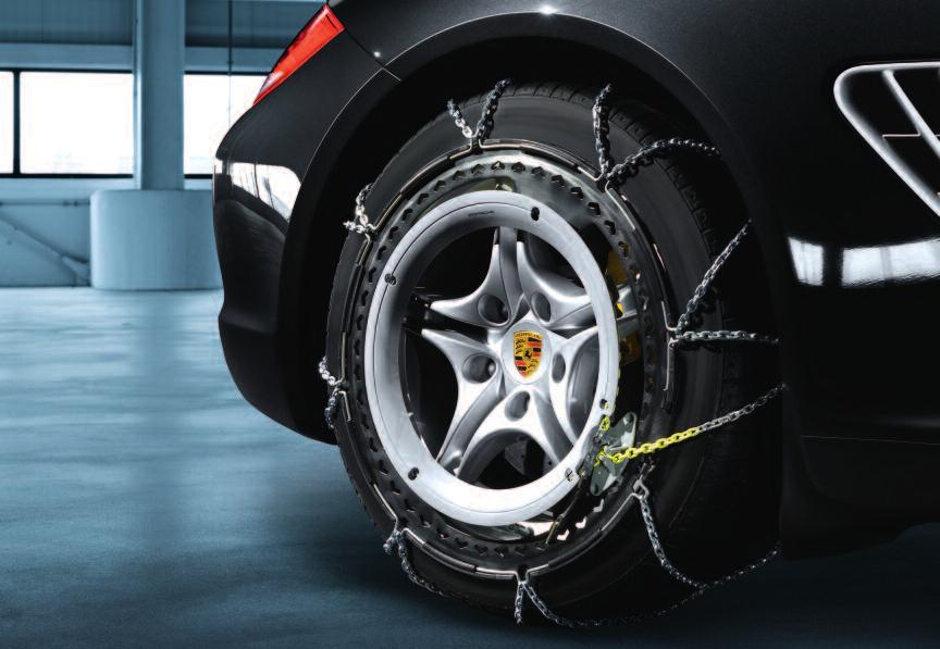 Snow chains Snow chains Specially designed for Porsche, our snow chains feature ultra-fine links that minimize the adhesion of ice and snow on your tires. Not compatible with wheel spacers.