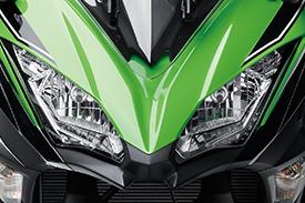 Aggresive upper cowl design inspired by Ninja supersport models exudes sportiness and contributes to a strong Ninja family identity. Sharp dual headlamp design contributes to the Ninja 650?