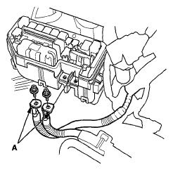 Remove the harness clamp (A), the bolts (B), and loosen the bolts (C), then remove the battery base (D). Fig.