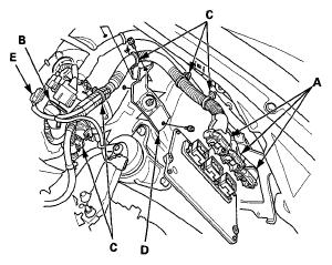 Fig. 5: Identifying ECM/PCM Cover And Bolts 13. Disconnect the ECM/PCM connectors (A) and the engine wire harness connector (B), then remove the harness clamps (C) and the bracket (D). Fig.