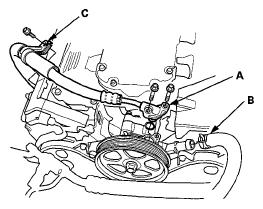 Fig. 9: Identifying Power Steering Pump Outlet Hose And Power Steering Pump Inlet Line 19. Remove the steering wheel (see STEERING WHEEL REMOVAL ). 20. Remove the steering joint cover (A). Fig.