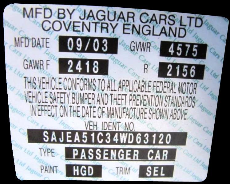 Jaguar The Color Codes for Jaguar Vehicles are found in numerous places on the vehicle:. Driver side door jamb.