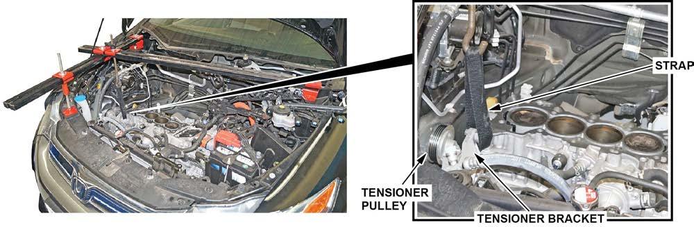 INSTALLATION OF ENGINE SUPPORT 1. Use two support bars in a T-configuration to support the front end of the short block with a suitable strap through the tensioner bracket. OIL PAN REMOVAL 1.